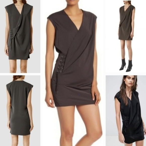 ALLSAINTS AURES Front Lace Mini Dress Olive Green Satin - Picture 14 of 16